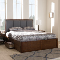 Baxton Studio MG5010-Dark Grey/Walnut-King Brannigan Modern and Contemporary Dark Grey Fabric Upholstered Walnut Finished King Size Storage Platform Bed